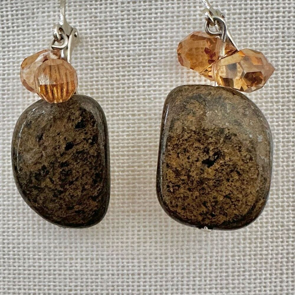 Earthy Polished Stone Earrings with Amber-Toned Crystals